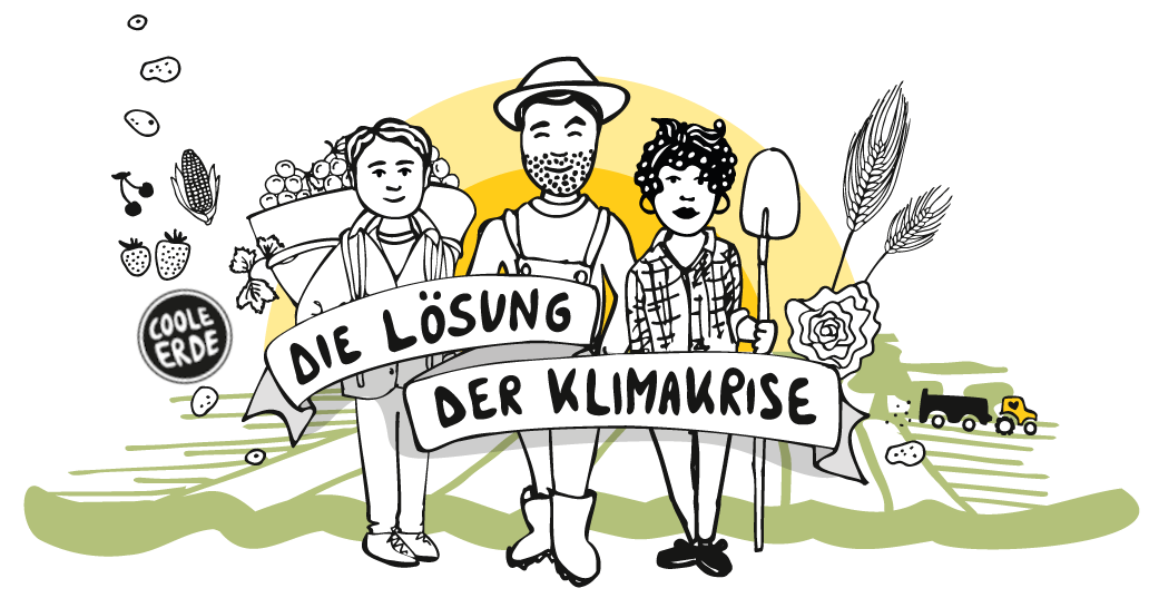 Drei Landwirt:innen stehen vor einer aufgehenden Sonne. Auf einem Banner vor den Personen steht 'Die Lösung der Klimakrise'