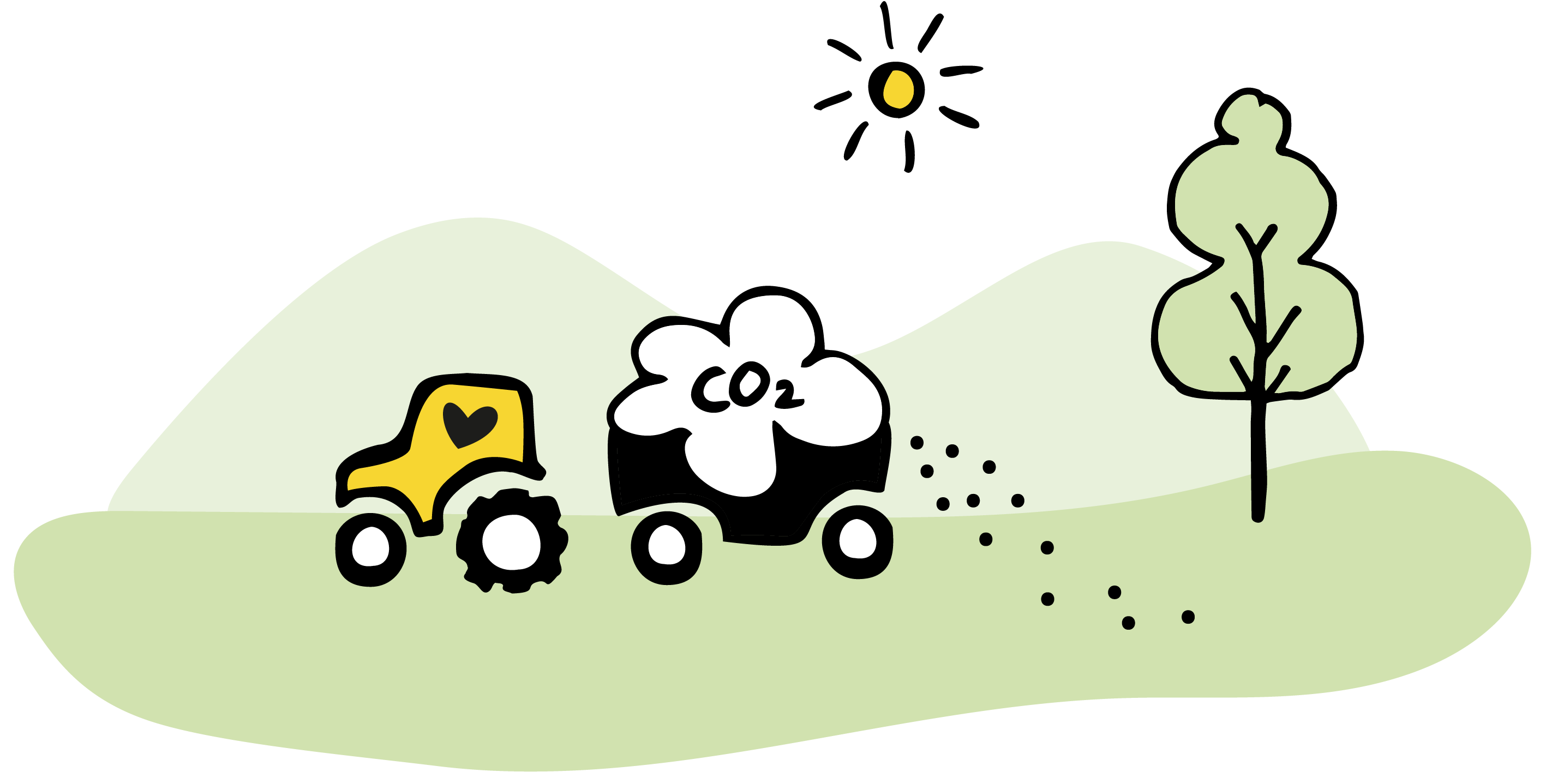 Ein Traktor bringt Pflanzenkohle auf einem grünen Feld neben einem Baum aus, während die Sonne scheint