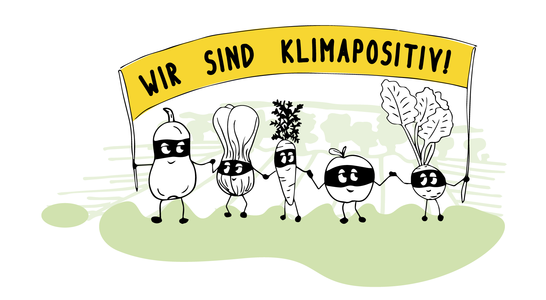 Drei Landwirt:innen stehen vor einer aufgehenden Sonne. Auf einem Banner vor den Personen steht 'Die Lösung der Klimakrise'